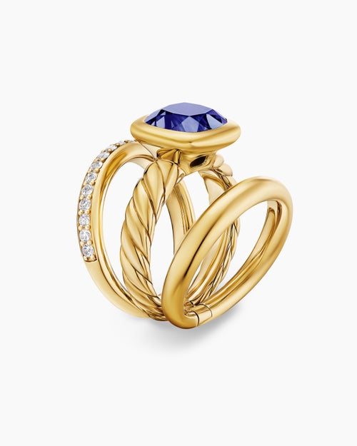 Womens DY Mercer Color Three Row Stone Ring in 18K Yellow Gold with Diamonds, 12mm