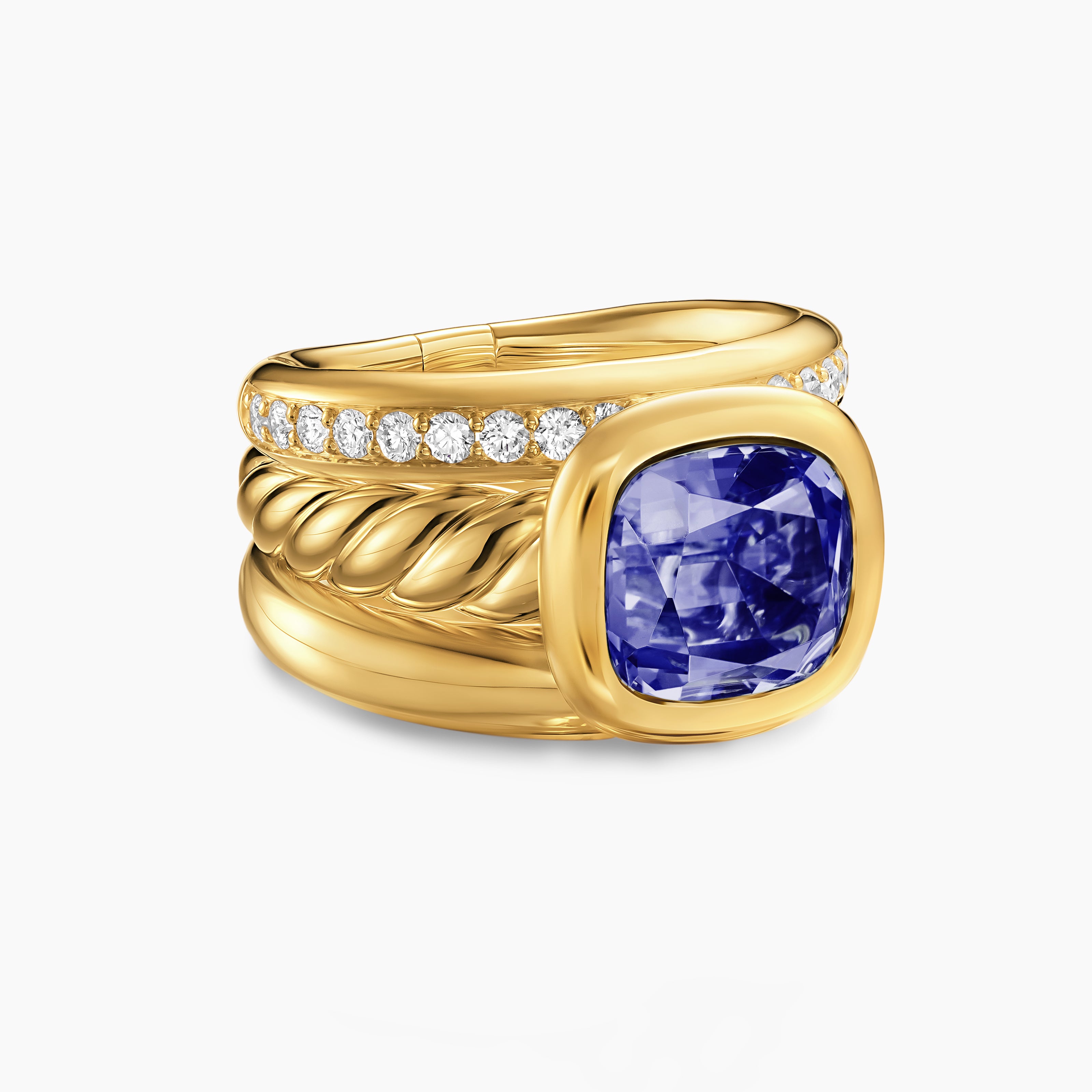 Womens DY Mercer Color Three Row Stone Ring in 18K Yellow Gold with Diamonds, 12mm