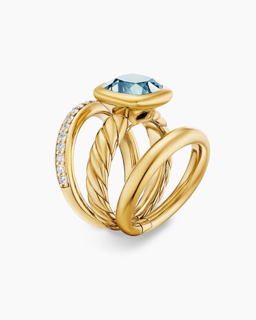 Womens DY Mercer® Color Three Row Stone Ring in 18K Yellow Gold with Sky Blue Topaz and Diamonds, 12mm