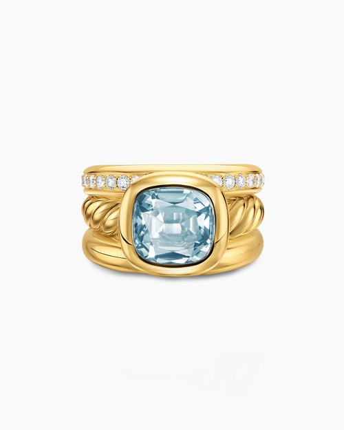 Womens DY Mercer® Color Three Row Stone Ring in 18K Yellow Gold with Sky Blue Topaz and Diamonds, 12mm