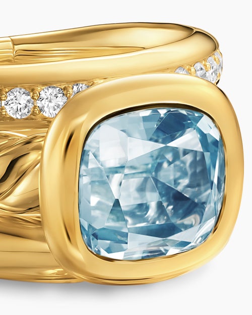 Womens DY Mercer® Color Three Row Stone Ring in 18K Yellow Gold with Sky Blue Topaz and Diamonds, 12mm