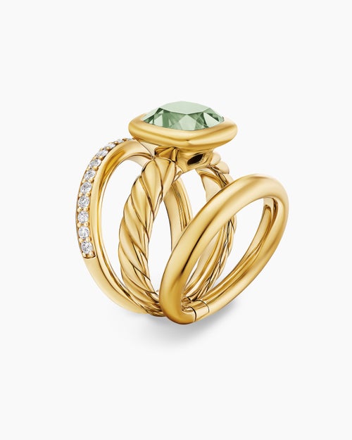 Womens DY Mercer® Color Three Row Stone Ring in 18K Yellow Gold with Prasiolite and Diamonds, 12mm