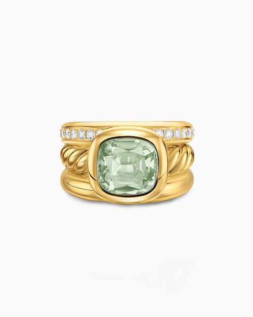 Womens DY Mercer® Color Three Row Stone Ring in 18K Yellow Gold with Prasiolite and Diamonds, 12mm
