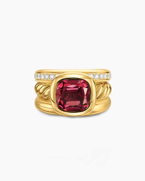 Womens DY Mercer® Color Three Row Stone Ring in 18K Yellow Gold with Rhodolite Garnet and Diamonds, 12mm