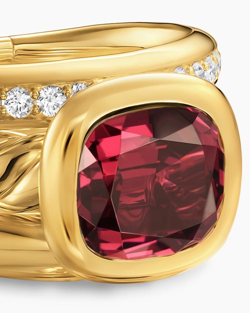 Womens DY Mercer® Color Three Row Stone Ring in 18K Yellow Gold with Rhodolite Garnet and Diamonds, 12mm