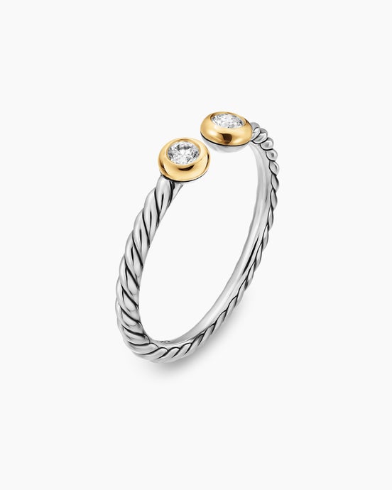 Cable Open Round Ring in Sterling Silver with 14K Yellow Gold and Diamonds, 3.9mm