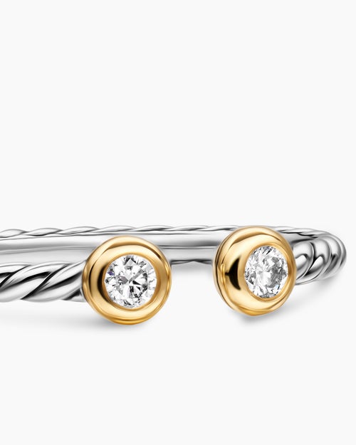 Womens Cable Open Round Ring in Sterling Silver with 14K Yellow Gold and Diamonds, 3.9mm