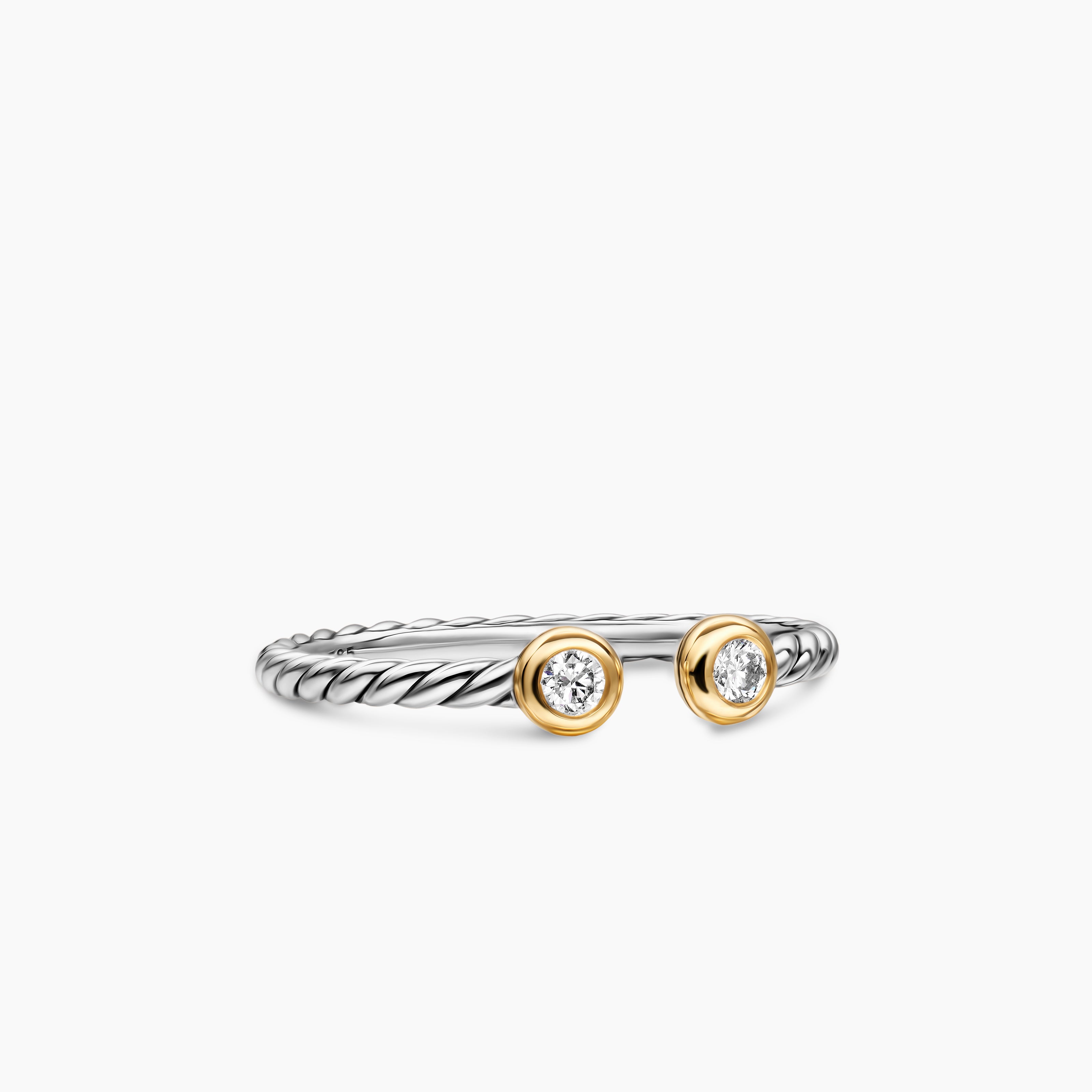 Womens Cable Open Round Ring in Sterling Silver with 14K Yellow Gold and Diamonds, 1.7mm