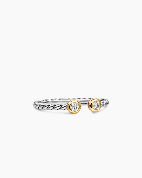 Womens Cable Open Round Ring in Sterling Silver with 14K Yellow Gold and Diamonds, 3.9mm