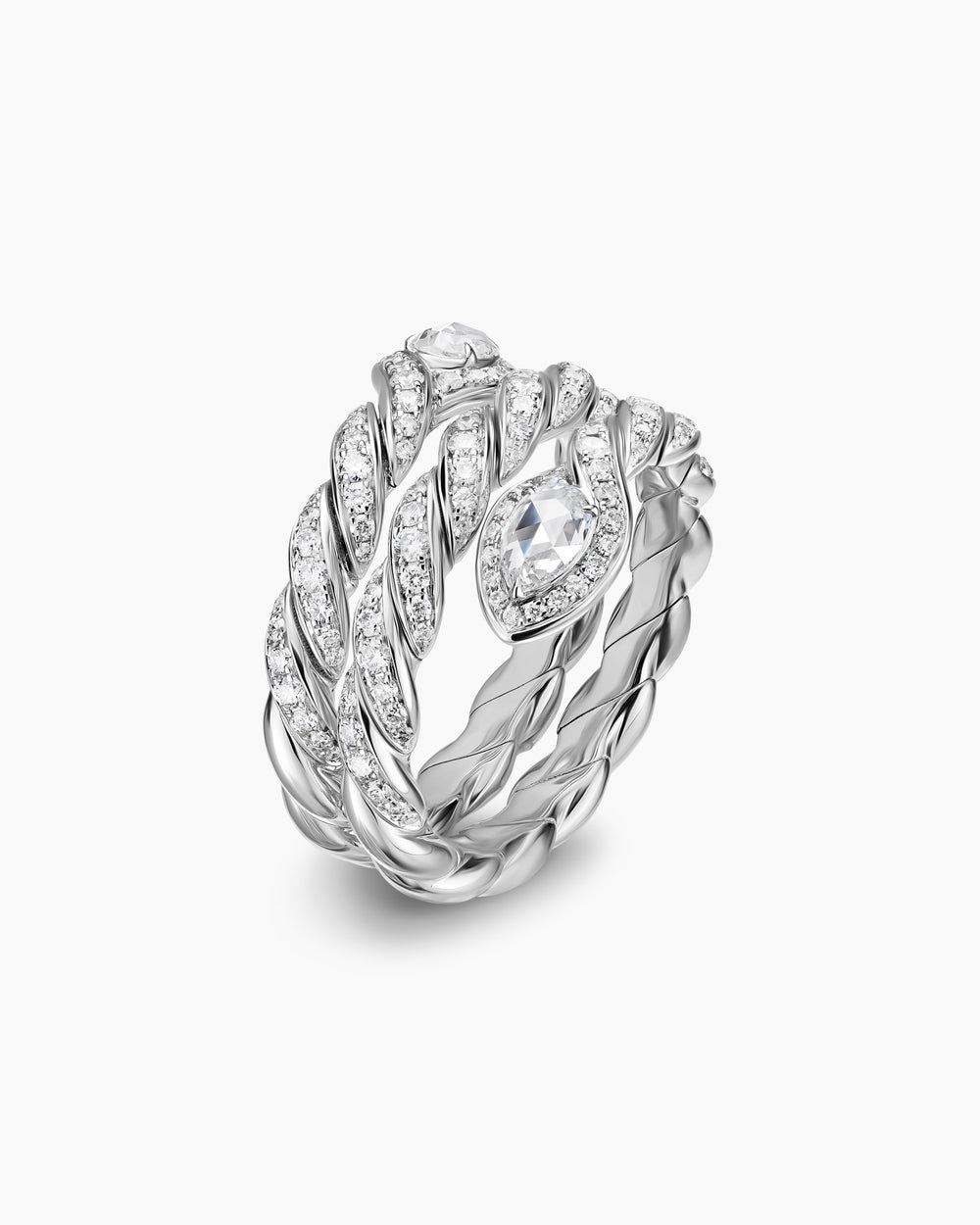 Womens Sculpted Cable Flex Three Row Coil Ring in 18K White Gold with Diamonds, 16mm