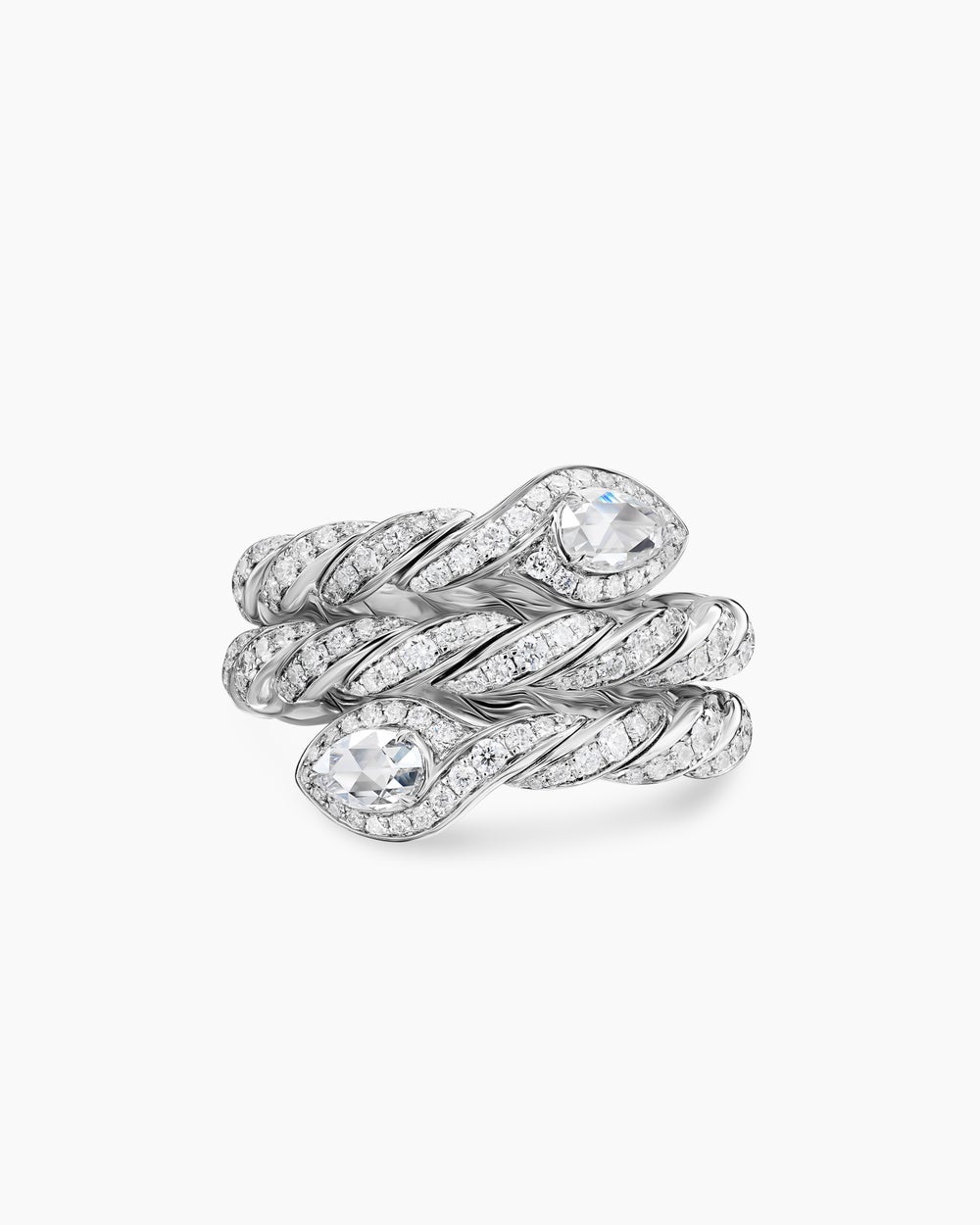 Womens Sculpted Cable Flex Three Row Coil Ring in 18K White Gold with Diamonds, 16mm
