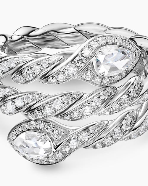 Womens Sculpted Cable Flex Three Row Coil Ring in 18K White Gold with Diamonds, 16mm