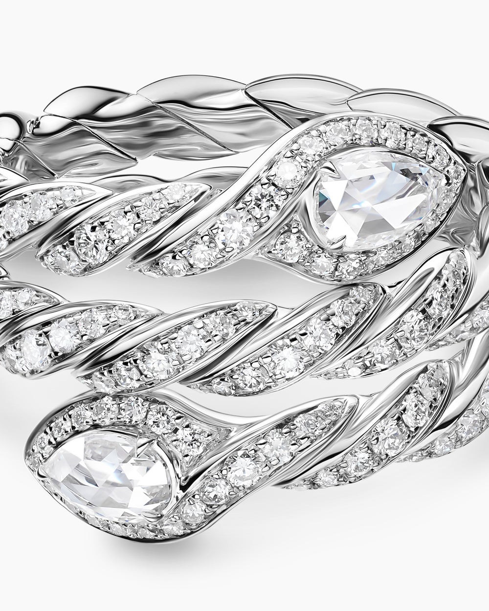 Womens Sculpted Cable Flex Three Row Coil Ring in 18K White Gold with Diamonds, 16mm