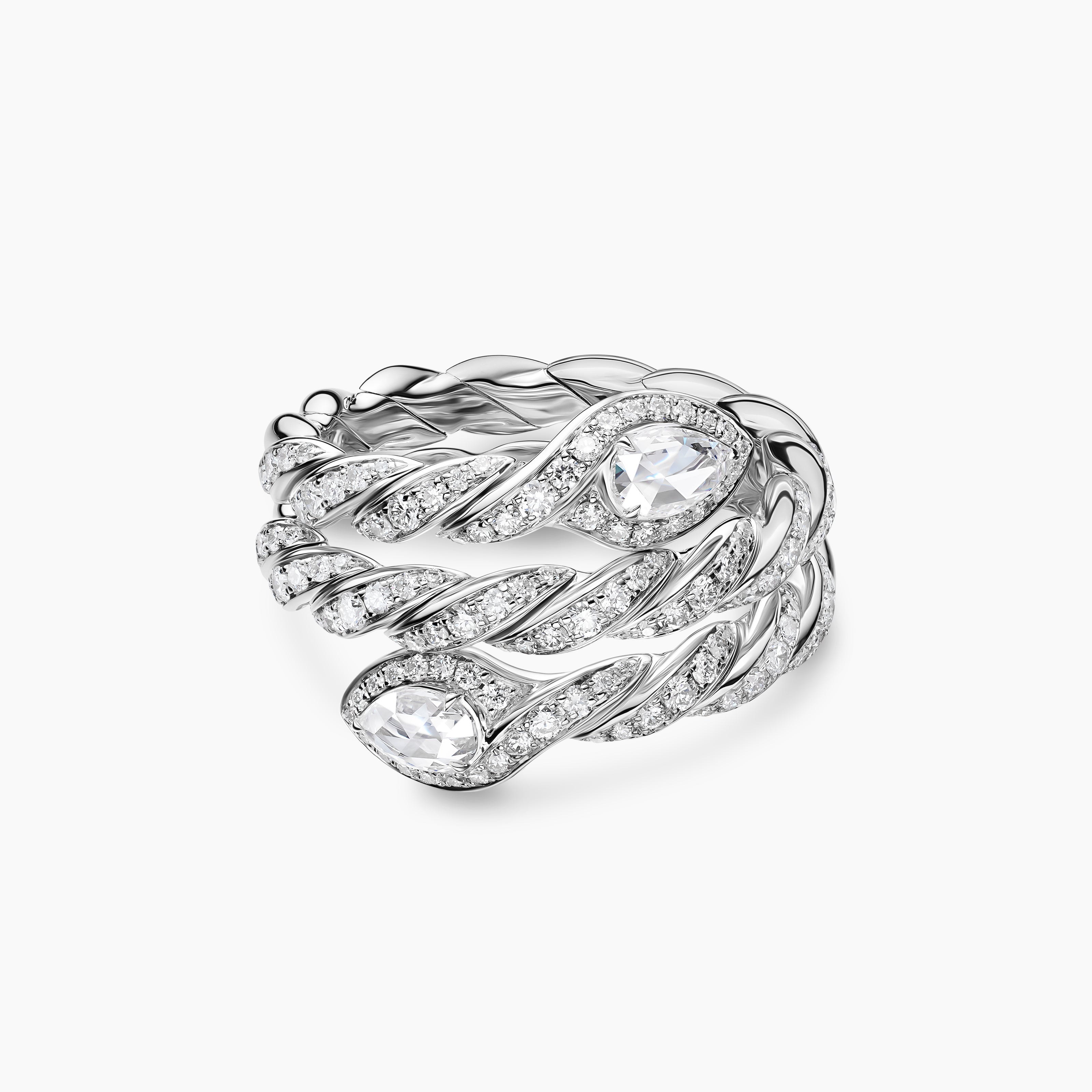 Womens Sculpted Cable Flex Three Row Coil Ring in 18K White Gold with Diamonds, 16mm