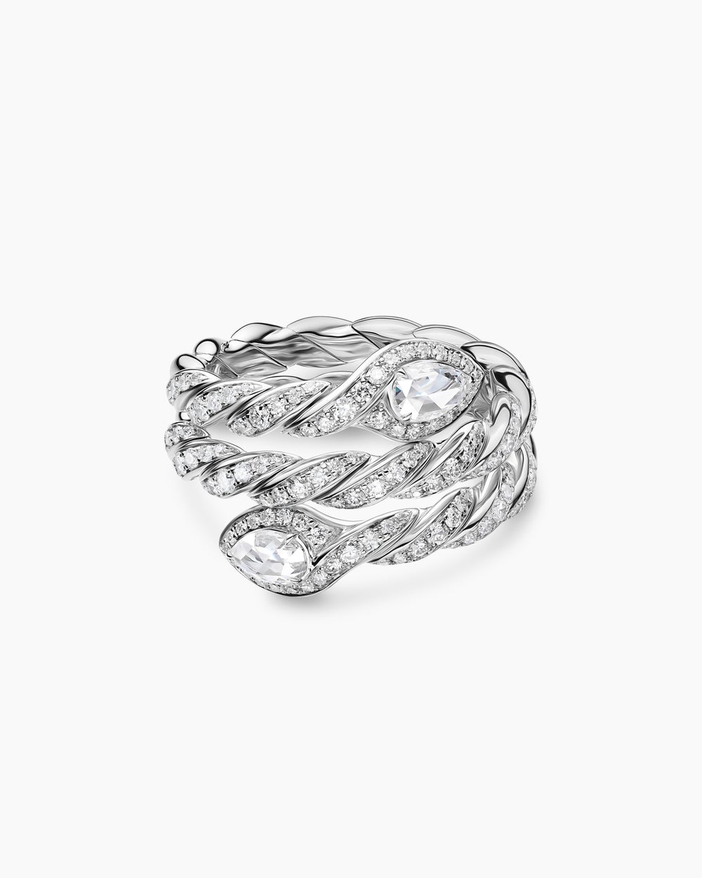 Womens Sculpted Cable Flex Three Row Coil Ring in 18K White Gold with Diamonds, 16mm
