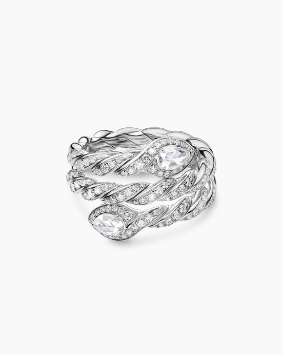 Sculpted Cable Flex Three Row Coil Ring in 18K White Gold with Diamonds, 16mm