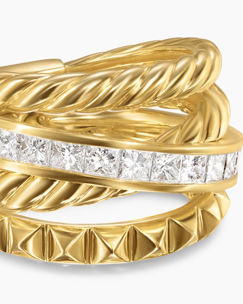 Womens Crossover Trio Four Row Ring in 18K Yellow Gold with Diamonds, 15mm