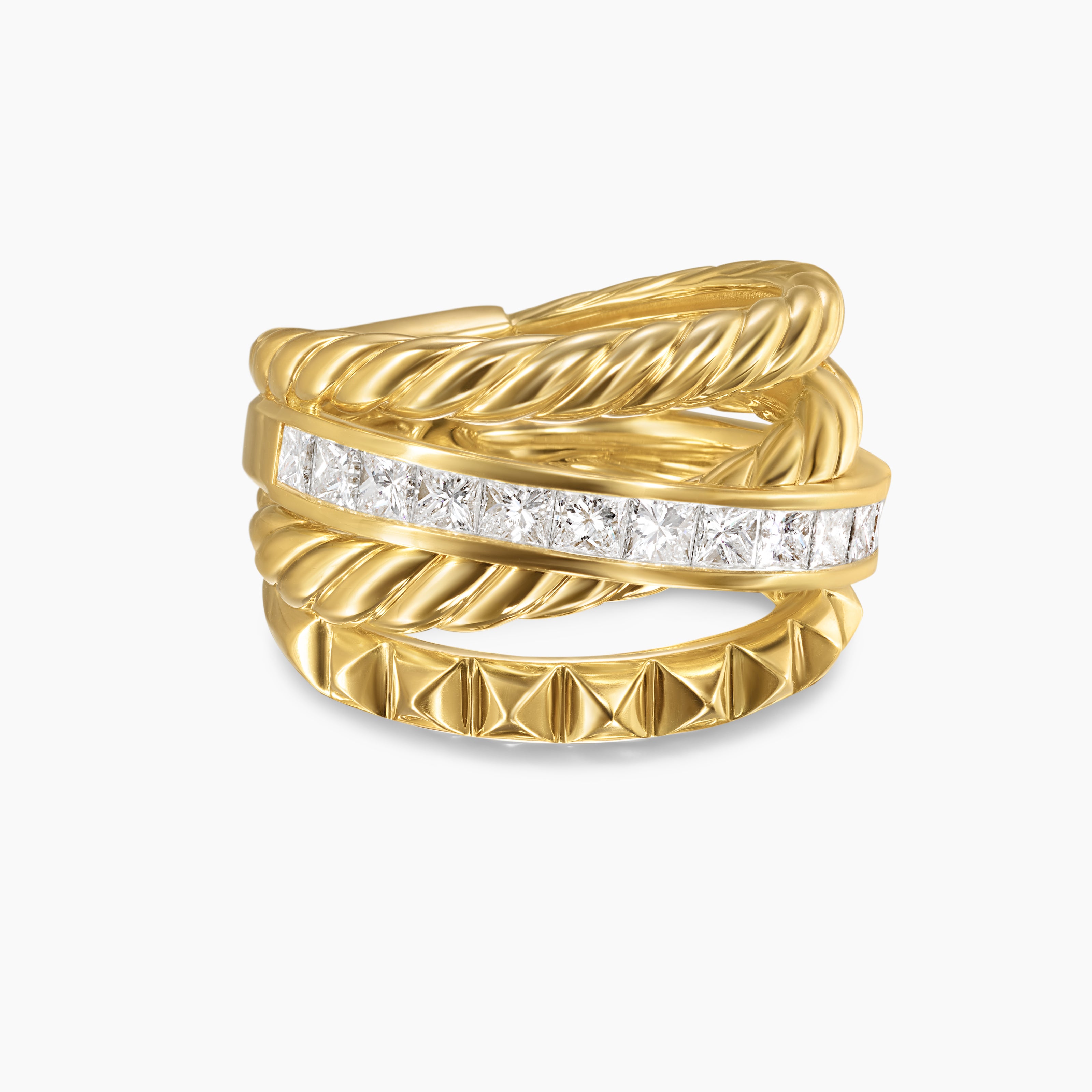 Womens Crossover Trio Four Row Ring in 18K Yellow Gold with Diamonds, 15mm