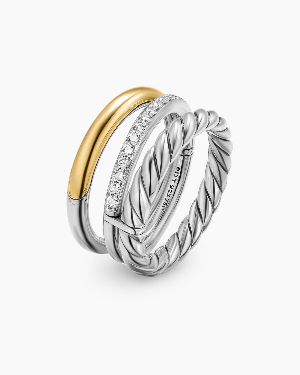 Womens DY Mercer® Three Row Ring in Sterling Silver with 18ct Yellow Gold and Diamonds, 8.9mm