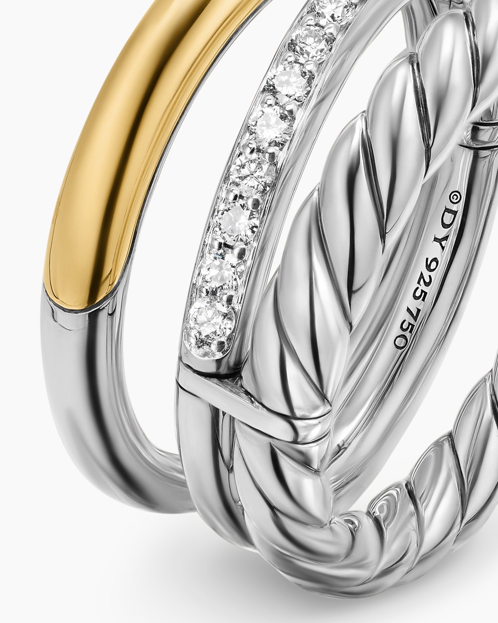 Womens DY Mercer® Three Row Ring in Sterling Silver with 18ct Yellow Gold and Diamonds, 8.9mm