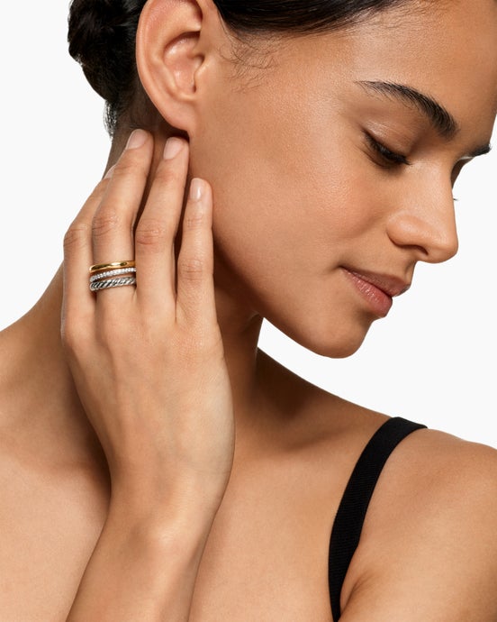 DY Mercer Three Row Ring in Sterling Silver with 18K Yellow Gold and Diamonds, 8.9mm