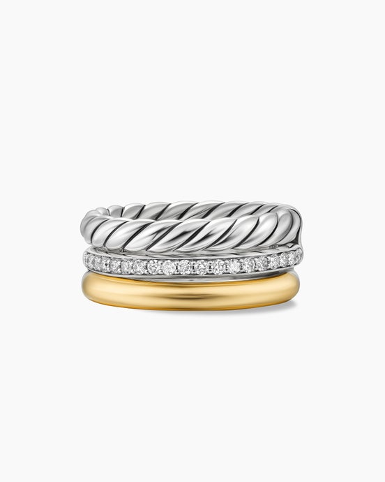 DY Mercer Three Row Ring in Sterling Silver with 18K Yellow Gold and Diamonds, 8.9mm