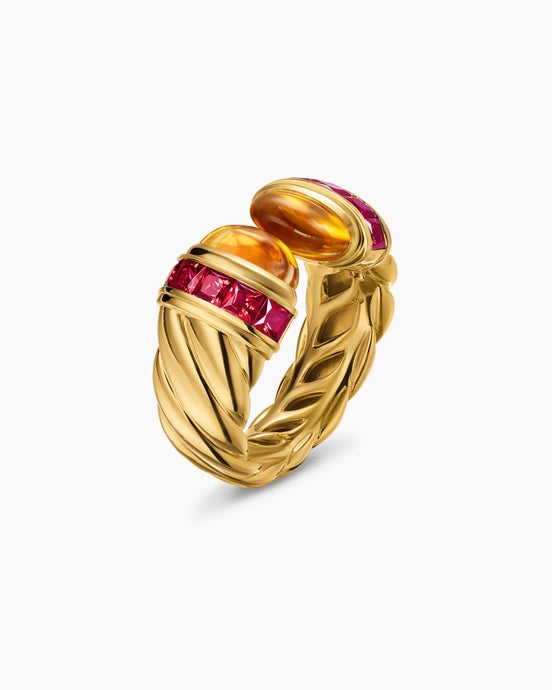 Sculpted Cable Open Cocktail Ring in 18K Yellow Gold with Madeira Citrine and Rubellites, 12.4mm