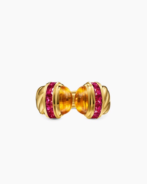 Womens Sculpted Cable Open Cocktail Ring in 18K Yellow Gold with Madeira Citrine and Rubellites, 12.4mm