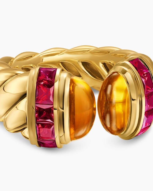 Womens Sculpted Cable Open Cocktail Ring in 18K Yellow Gold with Madeira Citrine and Rubellites, 12.4mm