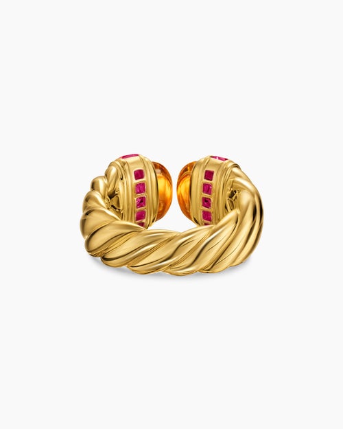Womens Sculpted Cable Open Cocktail Ring in 18K Yellow Gold with Madeira Citrine and Rubellites, 12.4mm