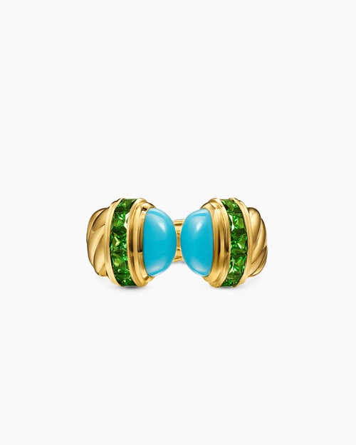 Womens Sculpted Cable Open Cocktail Ring in 18K Yellow Gold with Turquoise and Tsavorites, 12.4mm