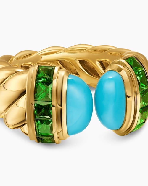 Womens Sculpted Cable Open Cocktail Ring in 18K Yellow Gold with Turquoise and Tsavorites, 12.4mm