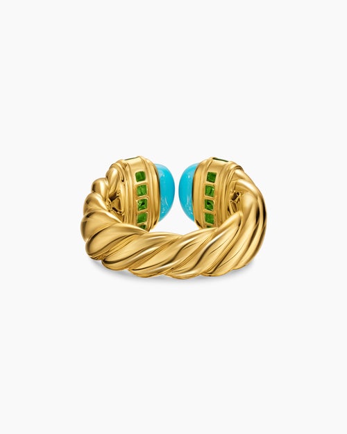 Womens Sculpted Cable Open Cocktail Ring in 18K Yellow Gold with Turquoise and Tsavorites, 12.4mm