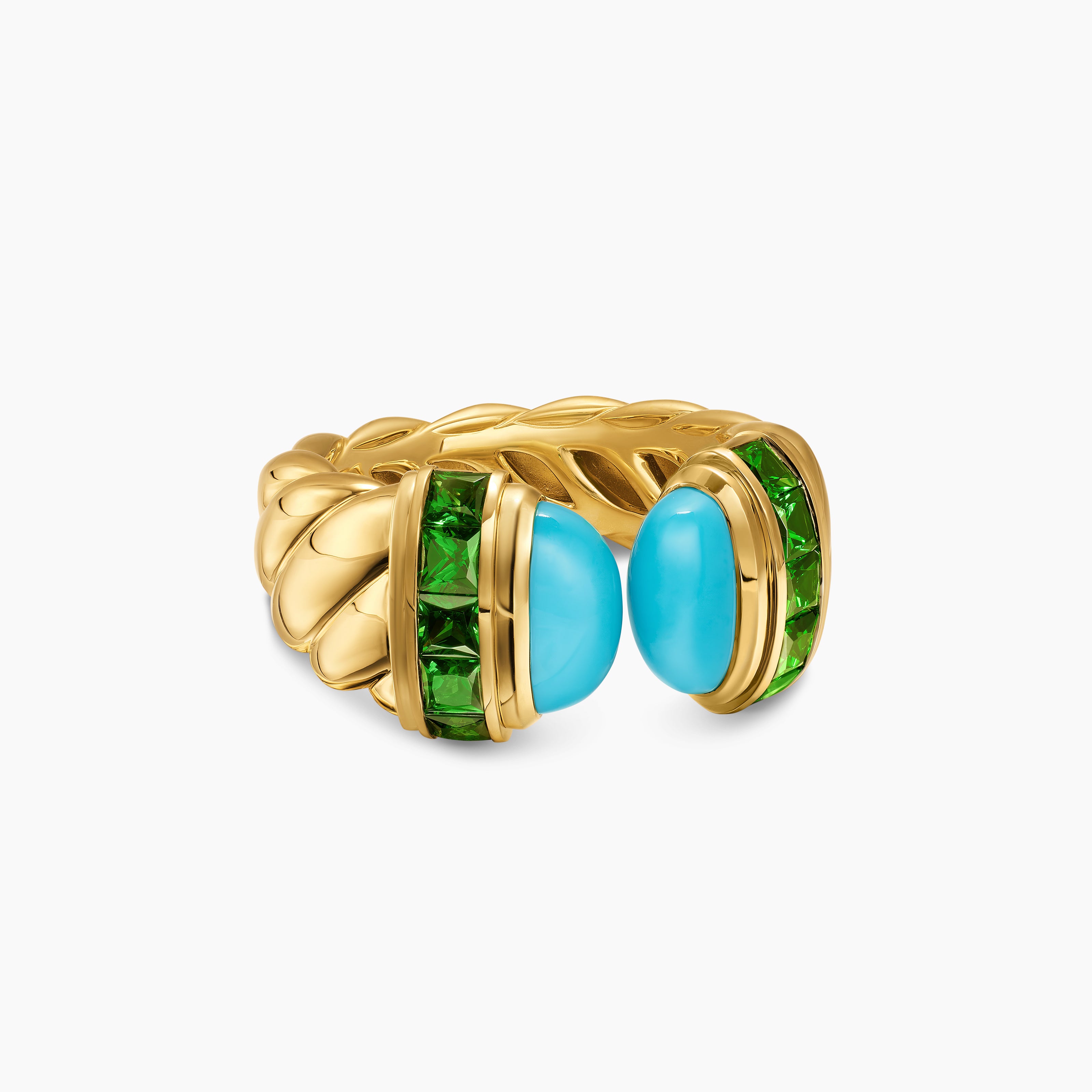 Womens Sculpted Cable Open Cocktail Ring in 18K Yellow Gold with Turquoise and Tsavorites, 12.4mm