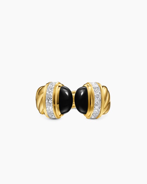 Womens Sculpted Cable Open Cocktail Ring in 18K Yellow Gold with Black Onyx and Diamonds, 12.4mm