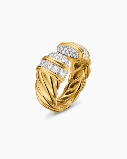 Womens Sculpted Cable Open Cocktail Ring in 18K Yellow Gold with Diamonds, 12.4mm