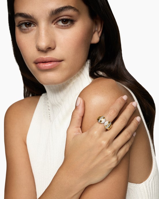 Sculpted Cable Open Cocktail Ring in 18K Yellow Gold with Diamonds, 12.4mm