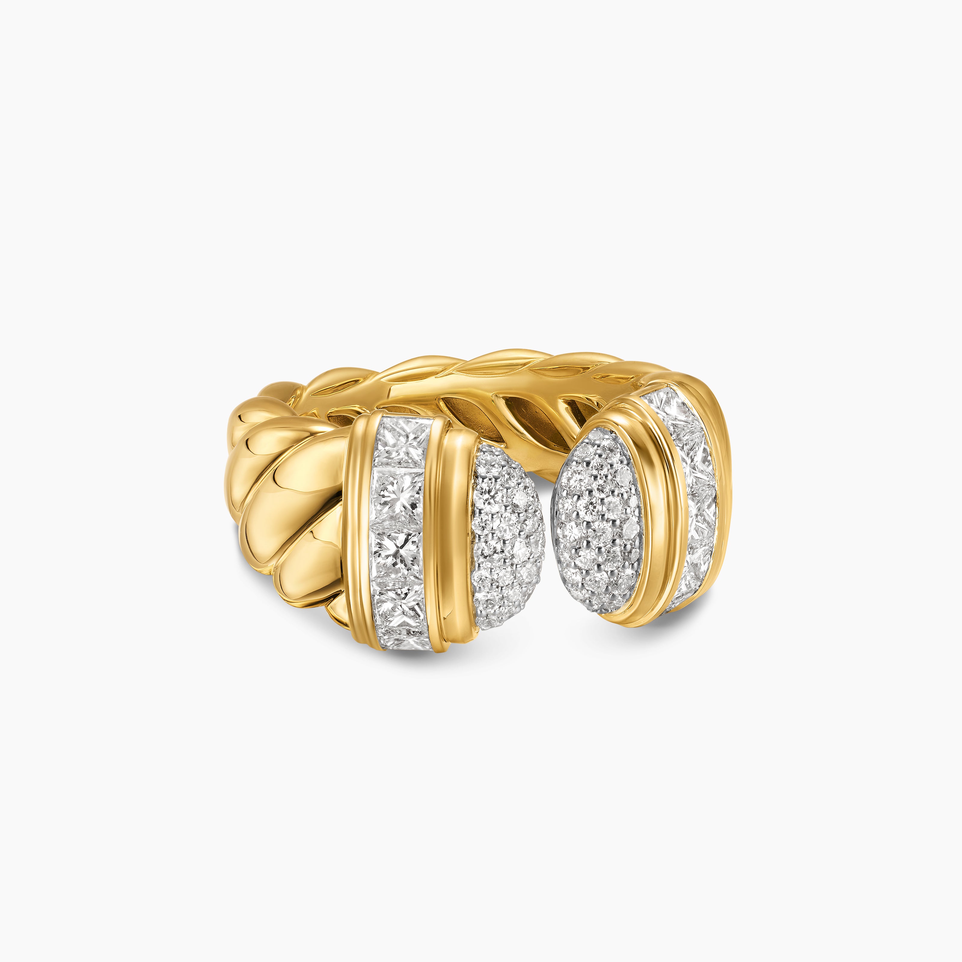 Womens Sculpted Cable Open Cocktail Ring in 18K Yellow Gold with Diamonds, 12.4mm