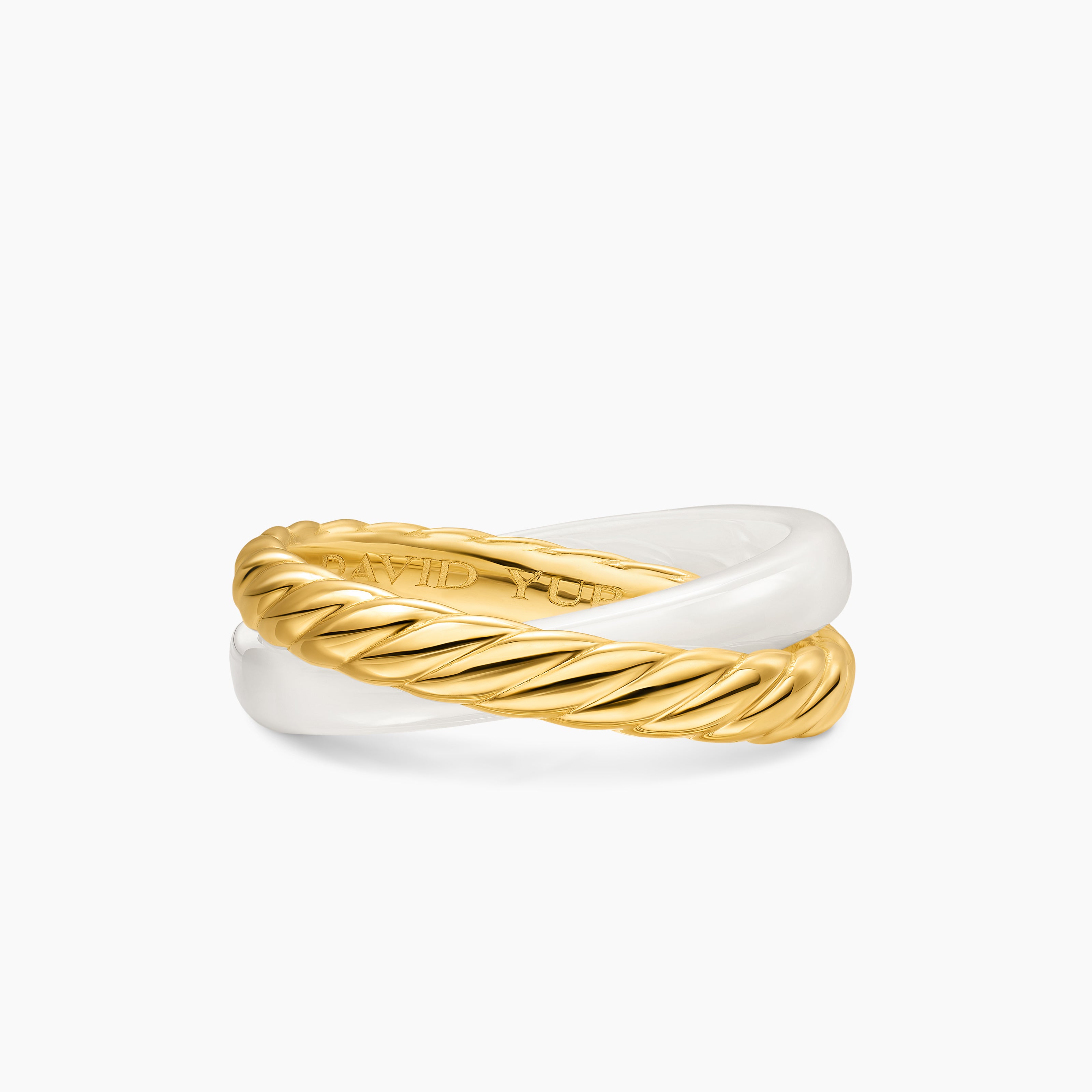 Bague rotative &agrave; deux rangs Crossover en or jaune 18 carats avec c&eacute;ramique blanche, 7 mm pour femmes 