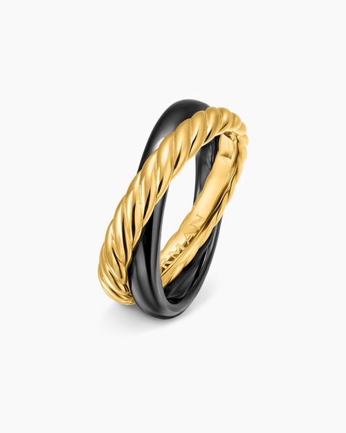 Bague rotative à deux rangs Crossover en or jaune 18 carats avec céramique noire, 7 mm pour femmes