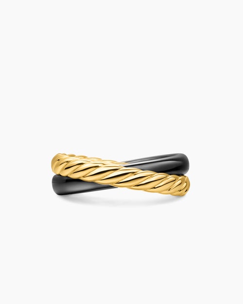 Bague rotative à deux rangs Crossover en or jaune 18 carats avec céramique noire, 7 mm pour femmes