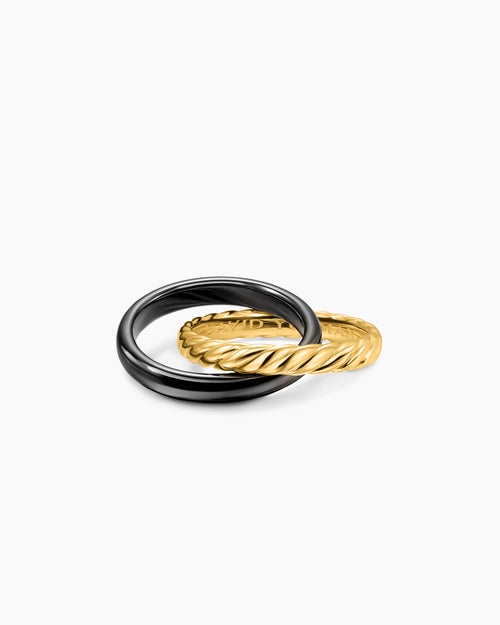 Bague rotative à deux rangs Crossover en or jaune 18 carats avec céramique noire, 7 mm pour femmes