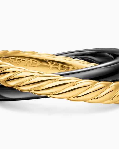 Bague rotative à deux rangs Crossover en or jaune 18 carats avec céramique noire, 7 mm pour femmes