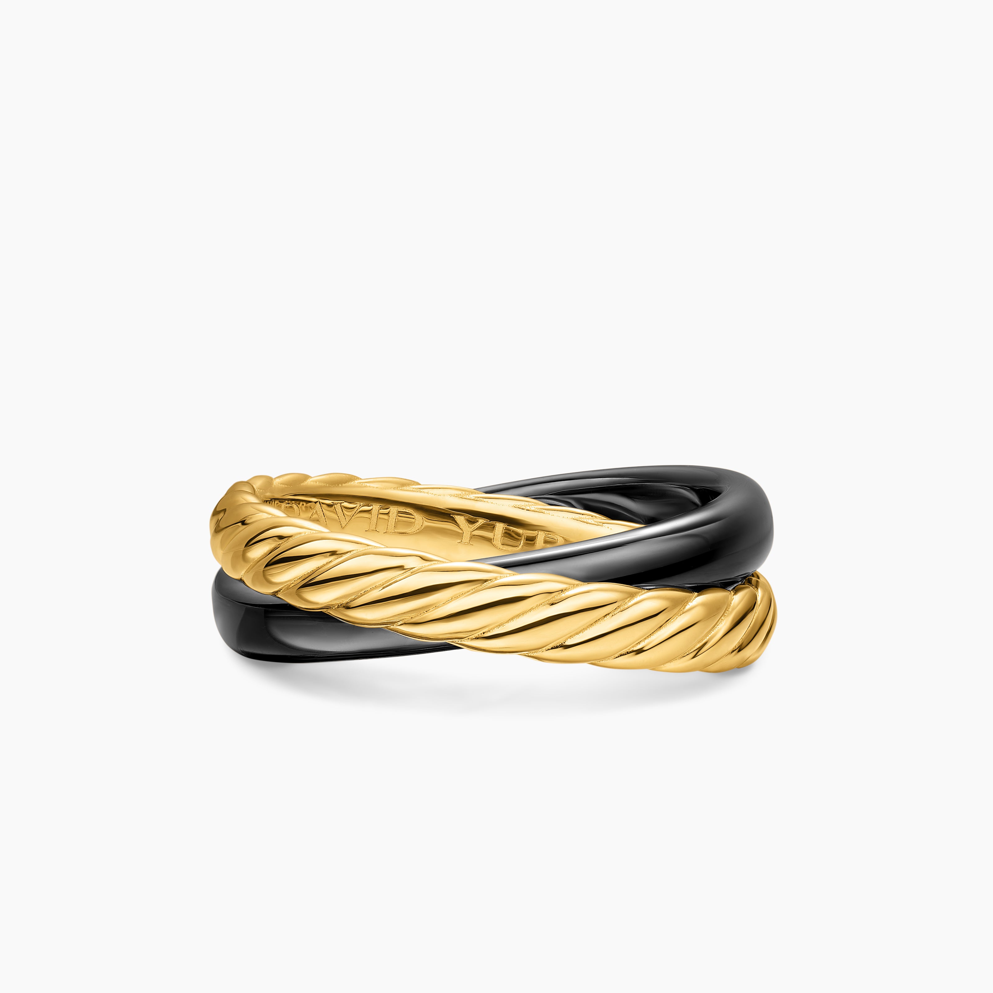 Bague rotative &agrave; deux rangs Crossover en or jaune 18 carats avec c&eacute;ramique noire, 7 mm pour femmes 