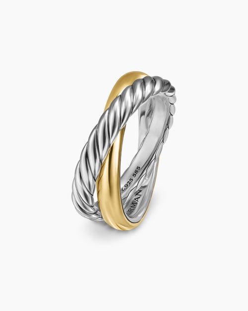 Womens Crossover Two Row Rotating Ring in Sterling Silver with 14K Yellow Gold, 7mm