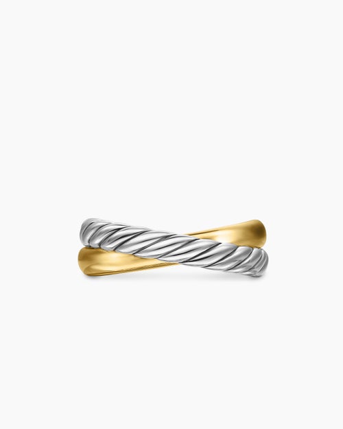 Womens Crossover Two Row Rotating Ring in Sterling Silver with 14K Yellow Gold, 7mm