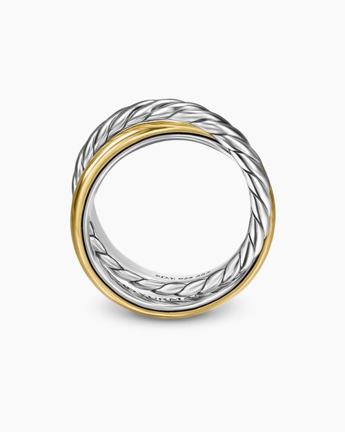 Womens Crossover Two Row Rotating Ring in Sterling Silver with 14K Yellow Gold, 7mm
