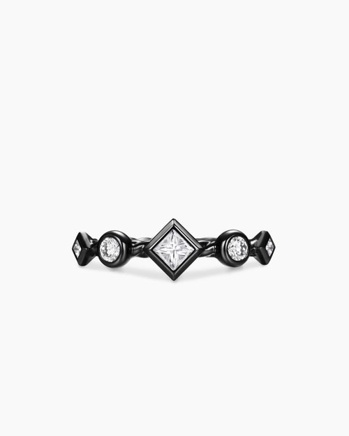 Womens Cable Band Ring in Black Titanium with Diamonds, 6.4mm