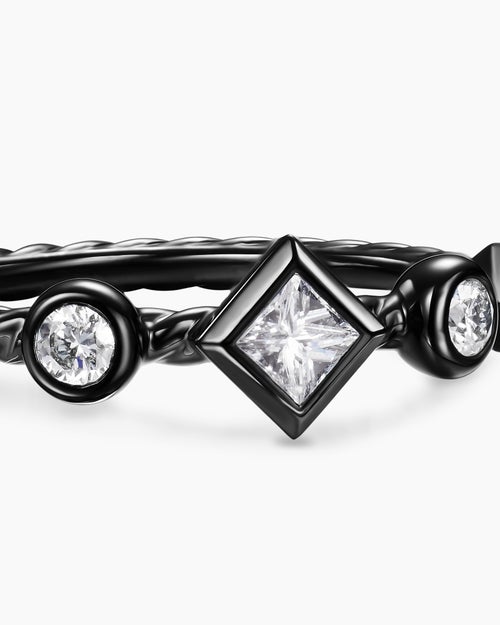 Womens Cable Band Ring in Black Titanium with Diamonds, 6.4mm