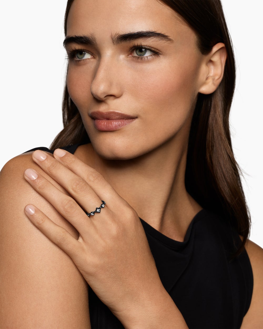Womens Cable Band Ring in Black Titanium with Diamonds, 1.7mm